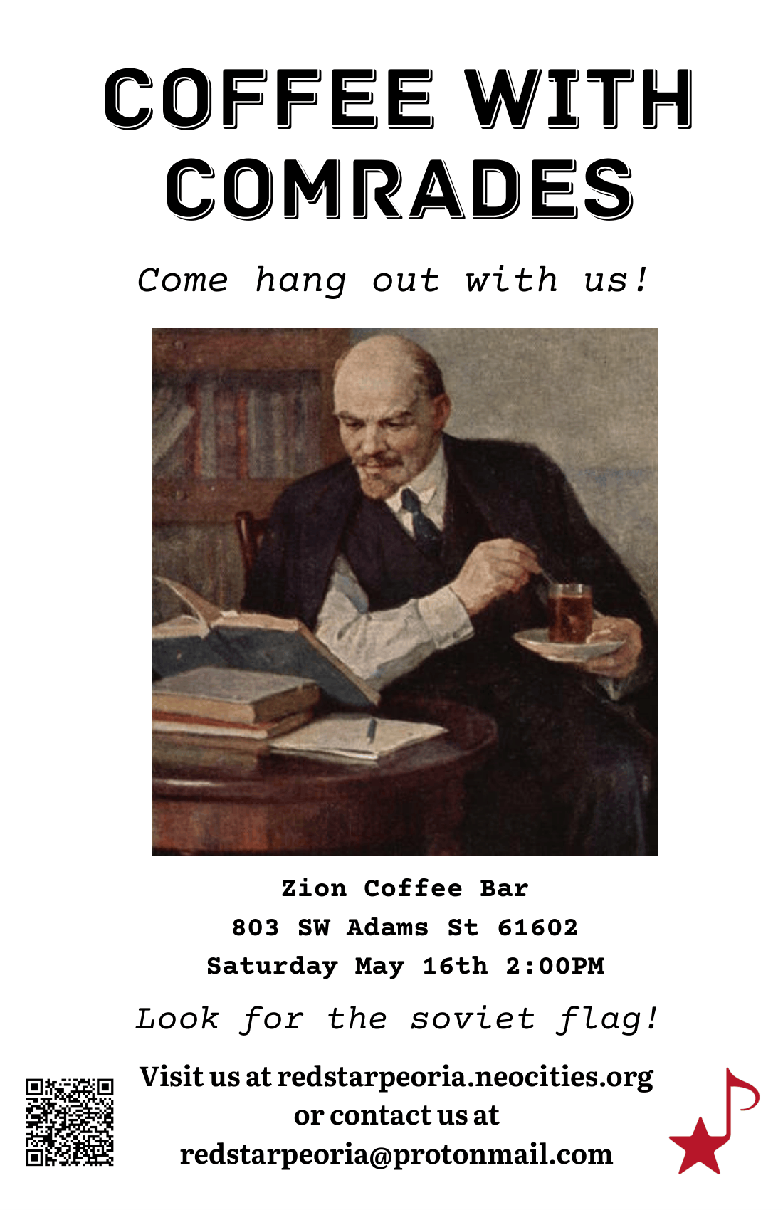 Coffee with Comrades - come hang out with us! Zion Coffee Bar at 803 SW Adams St on Saturday May 16th 2:00pm